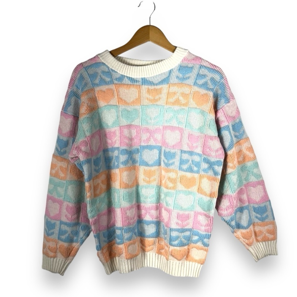 80s Vintage Graphic Knit Crew Neck Kid Core Cute Sweater, Pastel Multi, Size M